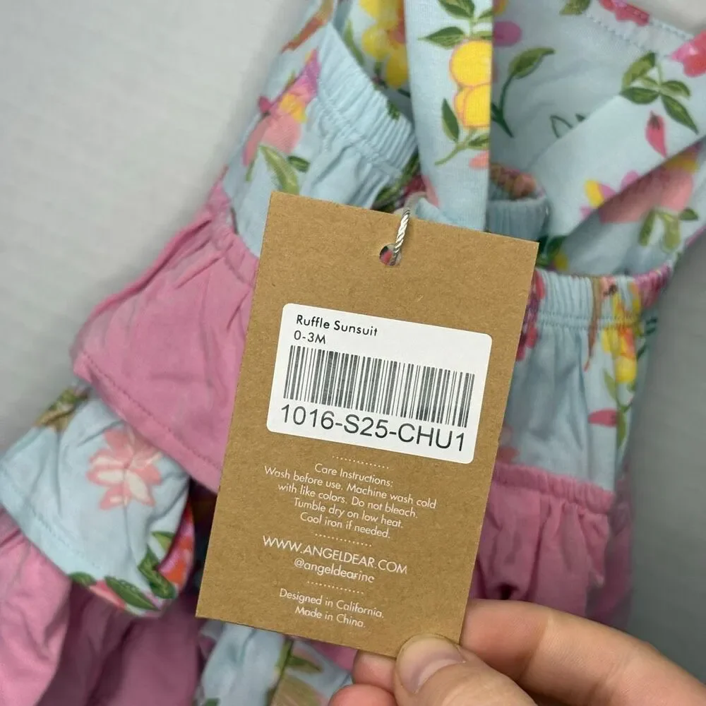 Angel Dear Baby Girl Blue Pink Cute Hummingbirds Ruffle Sunsuit NWT 0-3M Bamboo